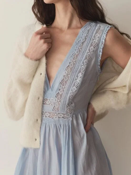 Doen Light Blue Embroidered V-Neck Midi Dress NWT perfect - Picture 3 of 14